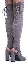Faux Suede Peep Toe - Thigh High Zipper Closure Lace Up - Chunky High Heel Over The Knee Boot, MVE Shoes