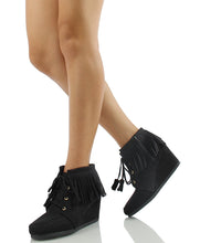 City Classified Women's Faux Suede Moccasin Fringe Lace Up Wedge