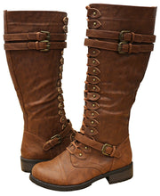 Cambridge Select Women's Strappy Lace-Up Knee High Combat Stacked Heel Boot